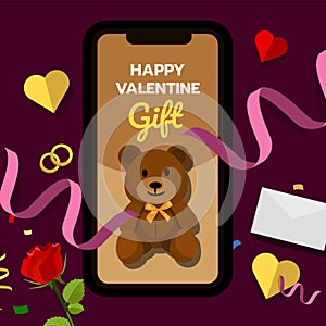 Happy valentineâ€™s gift, teddy bear, online shopping concept