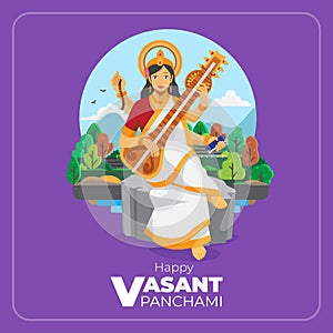 Happy vasant panchami flat illustration greeting card