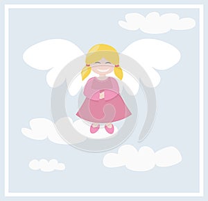 Happy vector angel with clouds flying in the sky