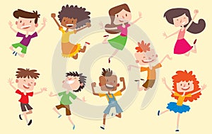 Happy vector children kids jumping poses cute young boys and girls collection. Jumping cheerful child group and funny