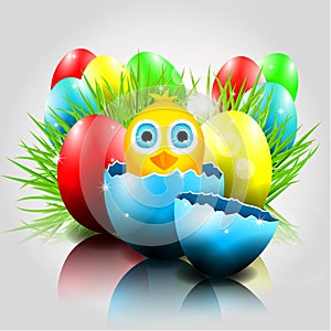 Happy Vector Easter Background with chick in brok