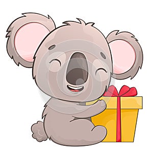 Happy vector koala hugging a gift, isolated on white background. Card in children's cartoon style on the theme of