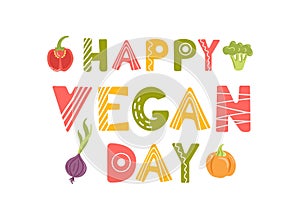 Happy vegan day. Banner in cartoon style. Fresh seasonal vegetables, harvesting. Pepper and broccoli, onion and pumpkin