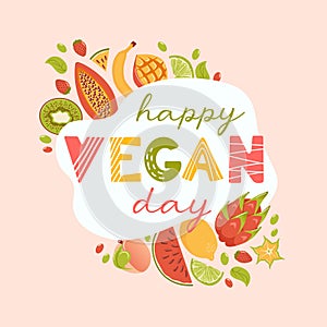 Happy vegan day. Banner in cartoon style. Fresh tropical fruits, harvesting. Tropical exotic fruits. Fresh lemon, lime