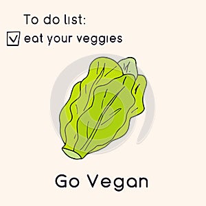 Happy Vegan day card. Doodle style illustration. Greeting card with inscription Go vegan. Eat your veggies cards. Vegetables