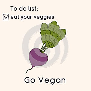 Happy Vegan day card. Doodle style illustration. Greeting card with inscription Go vegan. Eat your veggies cards. Vegetables