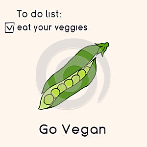 Happy Vegan day card. Doodle style illustration. Greeting card with inscription Go vegan. Eat your veggies cards. Vegetables