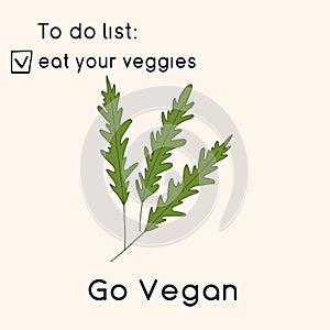 Happy Vegan day card. Doodle style illustration. Greeting card with inscription Go vegan. Eat your veggies cards. Vegetables