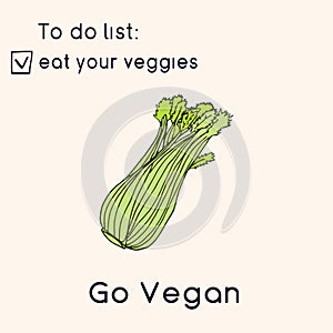 Happy Vegan day card. Doodle style illustration. Greeting card with inscription Go vegan. Eat your veggies cards. Vegetables