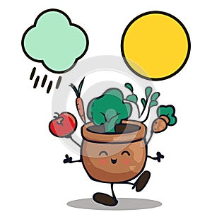 Happy vegetables pot rain sun vector graphics