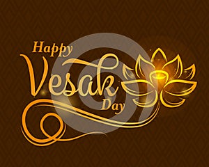 Happy vesak day banner with abstract gold lotus flower sign and typography text on brown texture background vector design