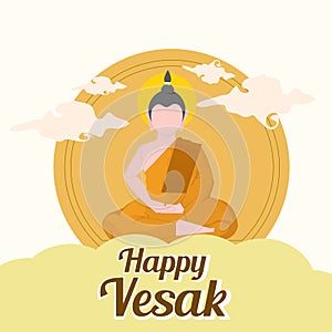 Happy vesak day banner - brown buddha meditated sign in circle layer with sky on yellow background vector design