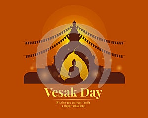 Happy vesak day banner with  gold bodhi leaf buddha and pagoda vector design