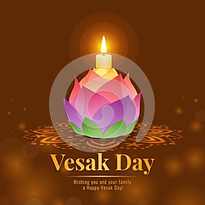Happy vesak day banner with lotus lamp light for worshiping the Buddha vector design