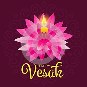 Happy vesak day banner with yellow candle light on pink lotus vector design