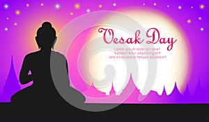 Happy vesak day with Buddha meditation in full moon night, buddha purnima banner background vector design vector illustration