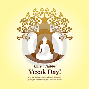 Happy Vesak day - Buddha Meditation under bodhi tree sign on yellow background art vector design