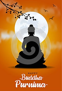 Happy Vesak Day, Buddha Purnima wishes greetings with buddha and lotus illustration. Can be used for poster, banner, logo,