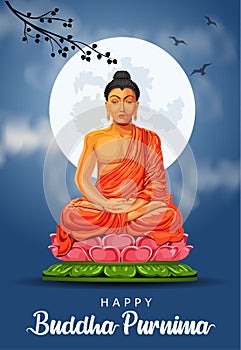 Happy Vesak Day, Buddha Purnima wishes greetings with buddha and lotus illustration. Can be used for poster, banner, logo,