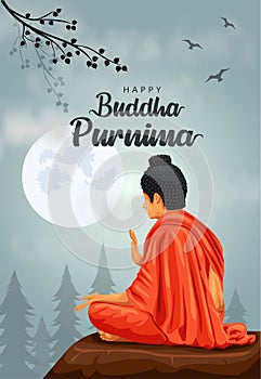 Happy Vesak Day, Buddha Purnima wishes greetings with buddha and lotus illustration. Can be used for poster, banner, logo,