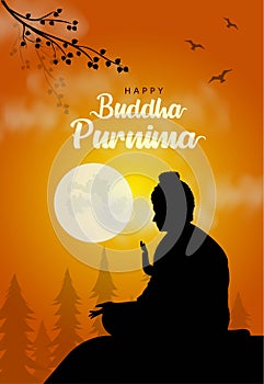 Happy Vesak Day, Buddha Purnima wishes greetings with buddha and lotus illustration. Can be used for poster, banner, logo,