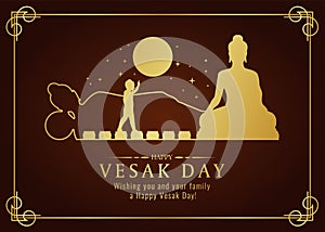 Happy vesak day card with Gold Buddha Nativity , Pour , nirvana sign and full moon time vector design photo