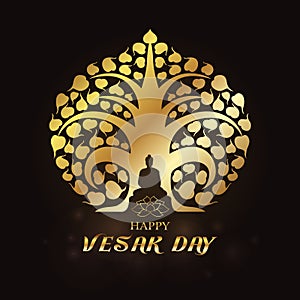 Happy Vesak day - Gold Buddha under Bodhi Tree and lotus art vector design