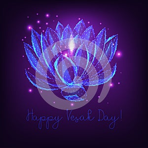 Happy Vesak day greeting card template with lotus flower oil lamps and stars on dark purple.