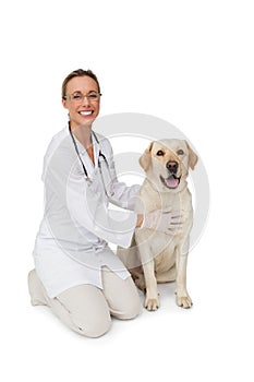 Happy vet petting yellow labrador dog smiling at camera