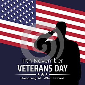 Happy veterans day banner, silhouette of a saluting us army soldier veteran on flag background. US national day november 11