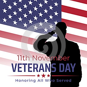 Happy veterans day banner, silhouette of a saluting us army soldier veteran on flag background. US national day november 11