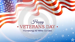 Happy veterans day banner. Waving american flag on blue sky background with stars. US national day november 11. Poster, typography