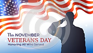 Happy veterans day banner, waving american flag, silhouette of a saluting us army soldier veteran on blue sky background. US
