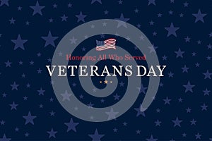 Happy Veterans Day. Greeting card with USA flag on blue background. National American holiday event. Flat vector illustration