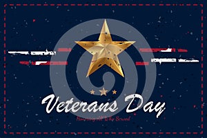 Happy Veterans Day. Greeting card with USA flag and gold star on background. National American holiday event. Flat vector