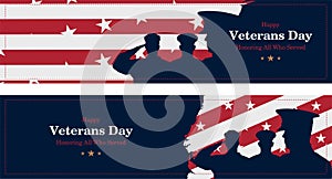 Happy Veterans Day. Greeting card with USA flag, map and soldiers on background. National American holiday event. Flat vector illu