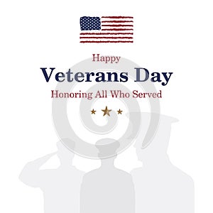 Happy Veterans Day. Greeting card with USA flag and soldier on background. National American holiday event. Flat illustrati