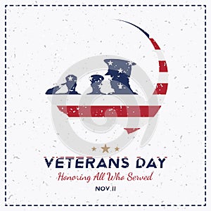 Happy Veterans Day. Greeting card with USA flag and soldier on background. National American holiday event. Flat vector illustrati