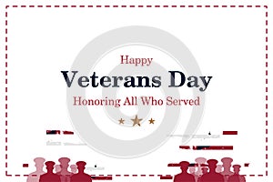 Happy Veterans Day. Greeting card with USA flag and soldiers on white background. National American holiday event. Flat vector