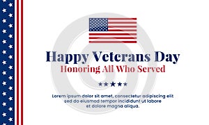 Happy Veterans Day honoring all who served simple clean poster background template design with usa america flag decoration element