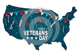 Happy Veterans Day. Honoring all who served. USA country shape background. National holiday design concept. Red and blue falling r