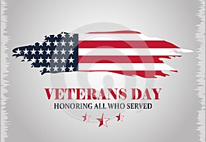 Happy veterans day, inscription grunge american flag, gray background