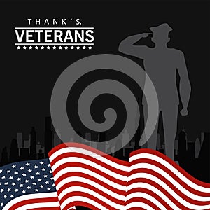 Happy veterans day lettering in poster with officer military and flag