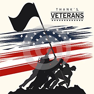 Happy veterans day lettering in poster with soldier lifting flag in pole