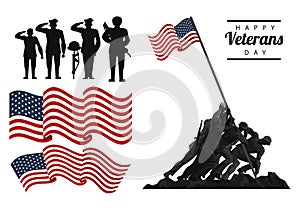 Happy veterans day lettering in poster with soldiers with flag icons