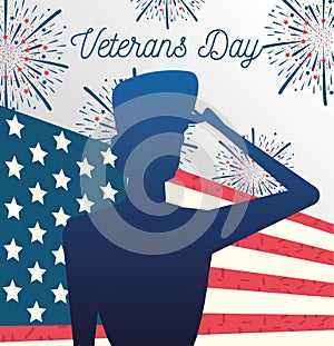 Happy veterans day, soldier saluting fireworks and USA flag greeting card