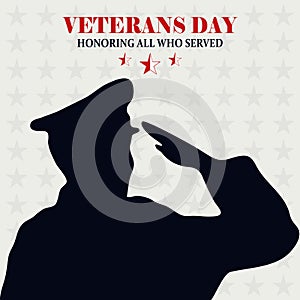 Happy veterans day, soldier saluting stars background card