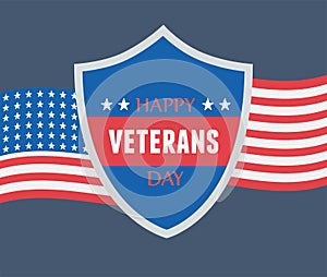 Happy veterans day, US military armed forces soldier, shield lettering and american flag