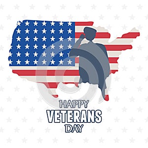 Happy veterans day, US military armed forces soldier silhouette on american map with flag