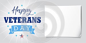 Happy Veterans Day USA banner, lettering and paper